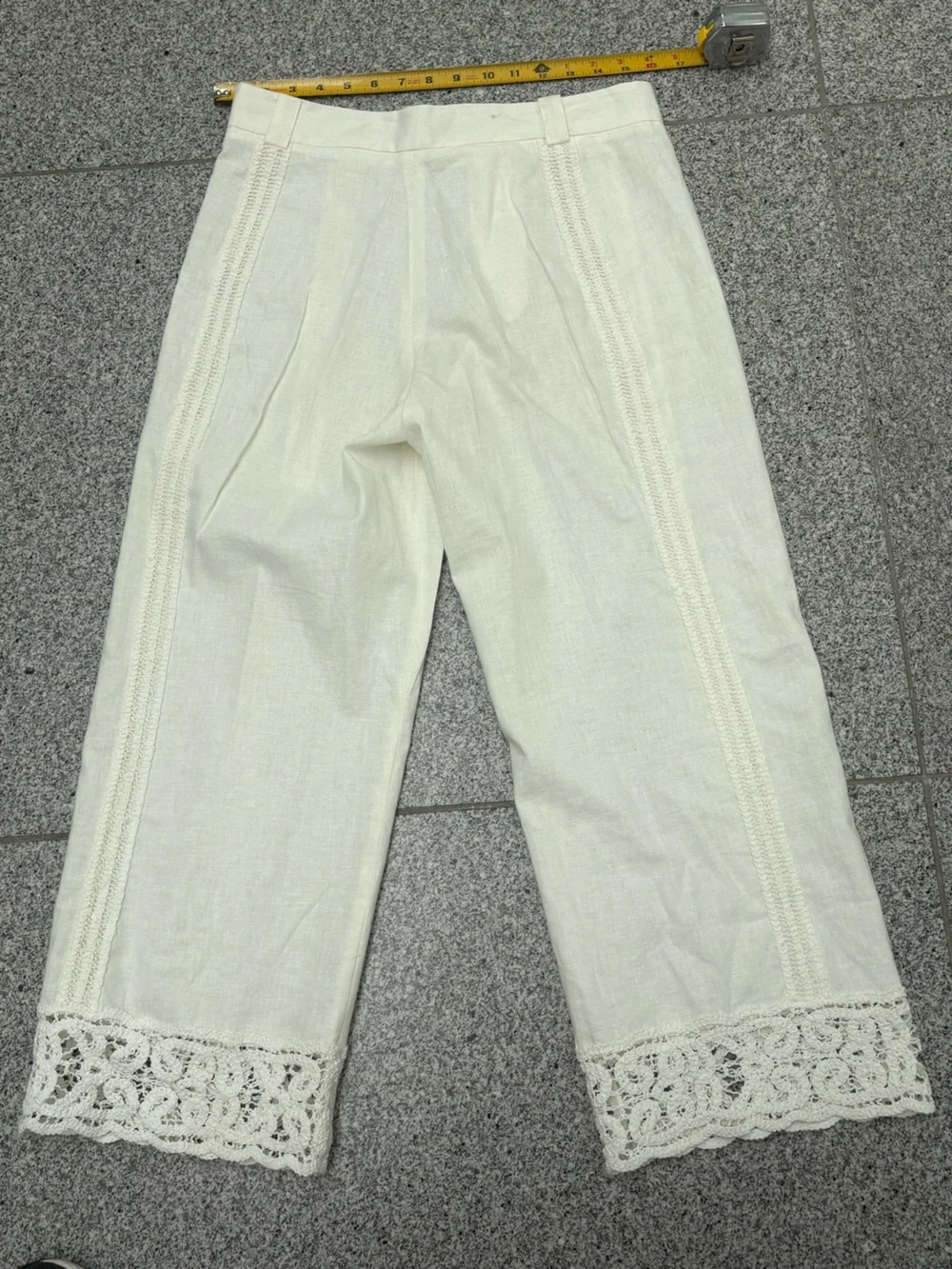 Zara Cream Cropped Linen-Blend Pants with Crochet Trim